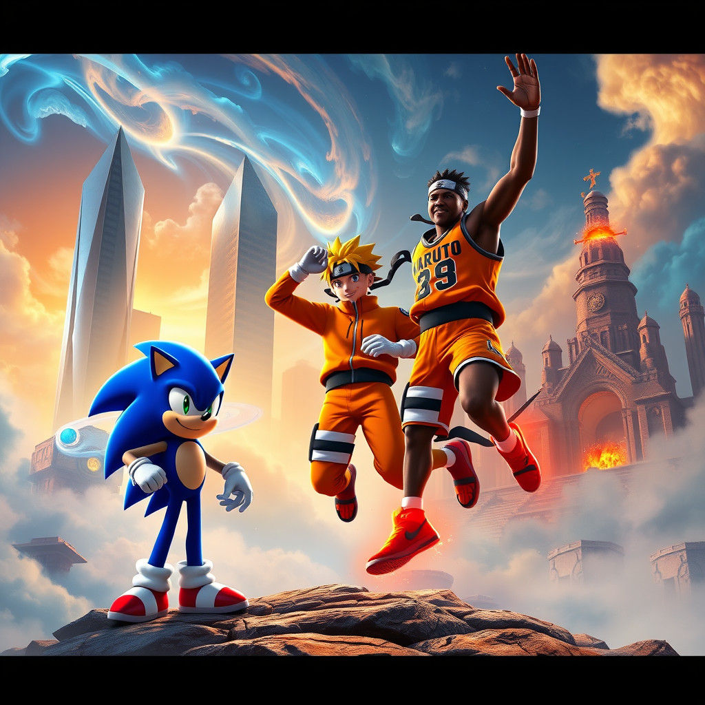Sonic, Naruto, and Michael Jordan in Fantasy World