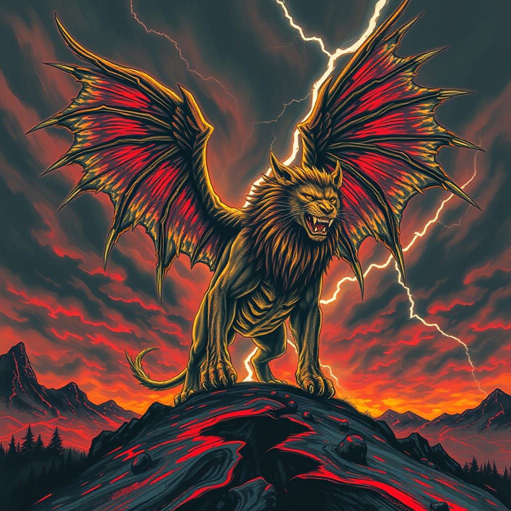 Majestic, Winged Manticore Illuminates Dark, Ominous Sky