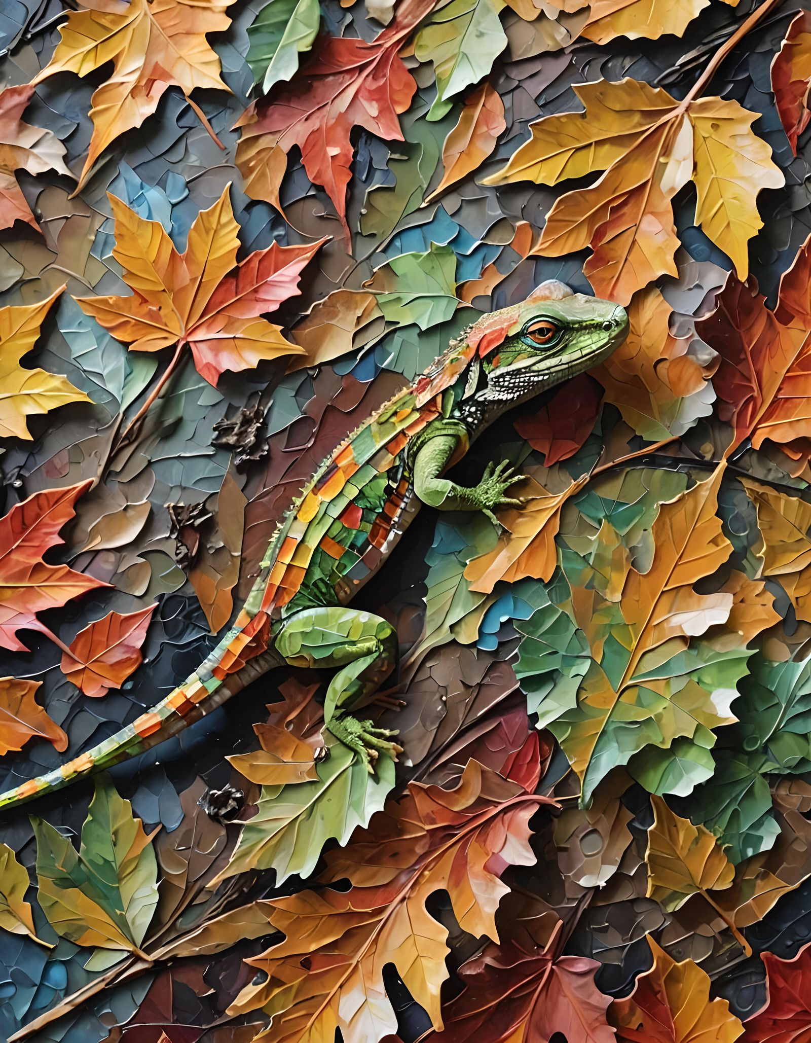 Lizard Blends Into Autumn Foliage as Impasto Painting