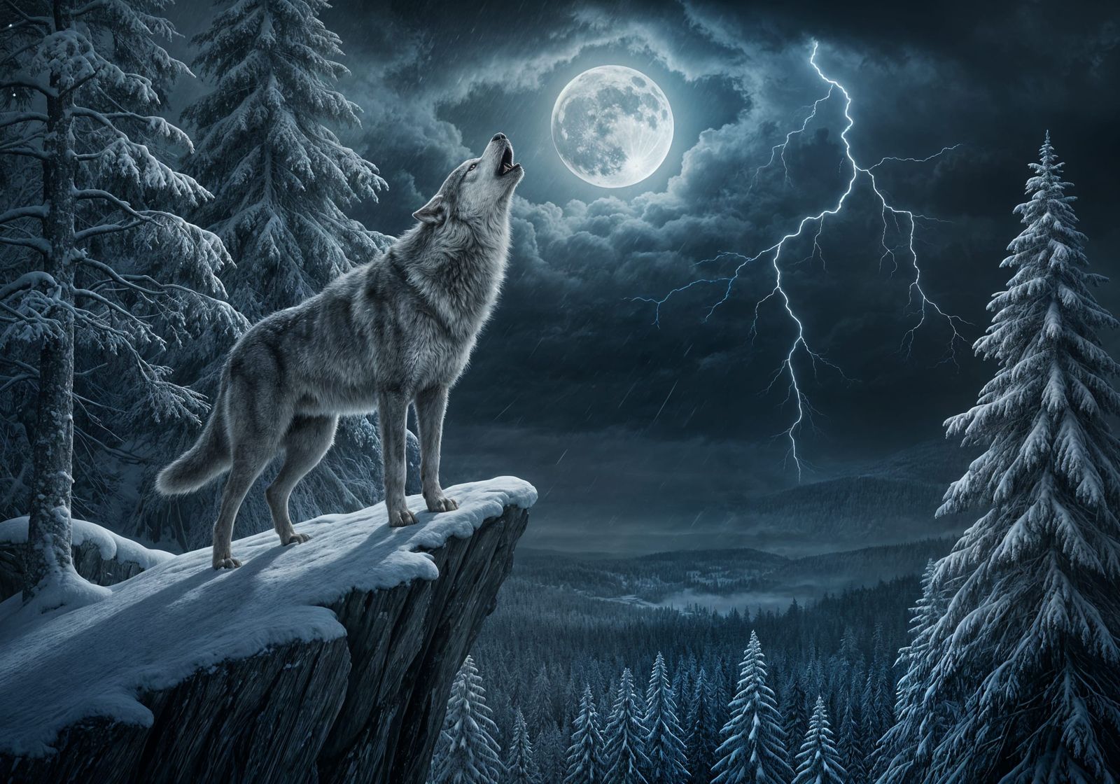 Gray Wolf Howling at Moonlit Stormy Sky