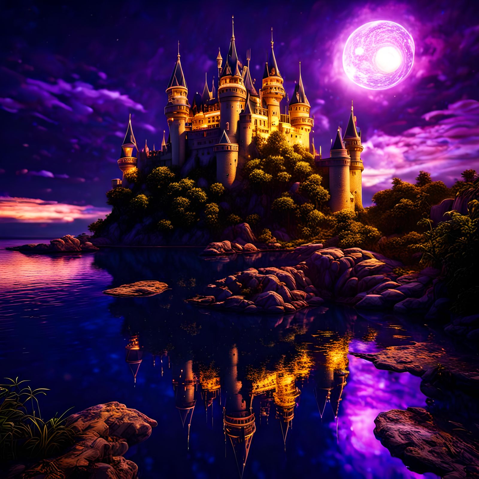 Golden Castle on Island with Planets and Purple Sky