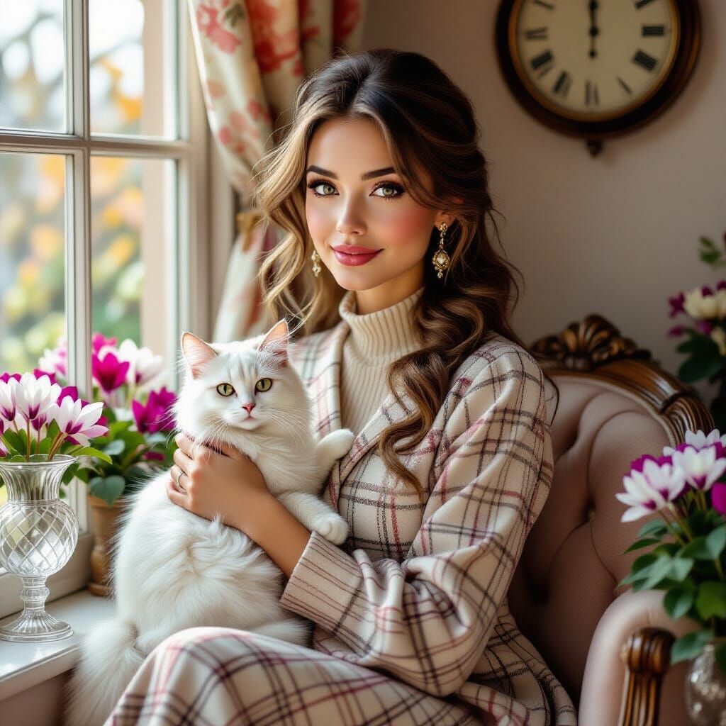 Baroque Portrait of Woman with Cat in Autumn Garden