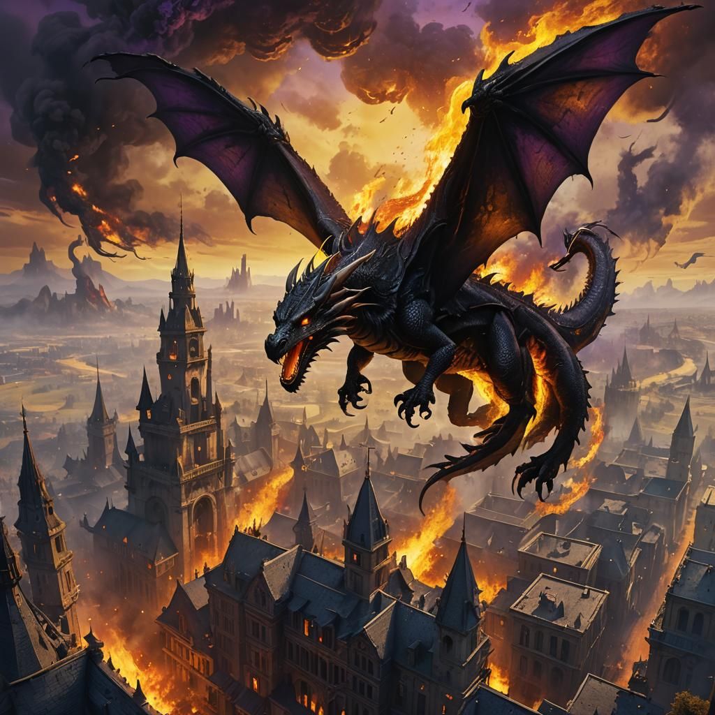 Black Dragon Breathing Fire Over Burned City