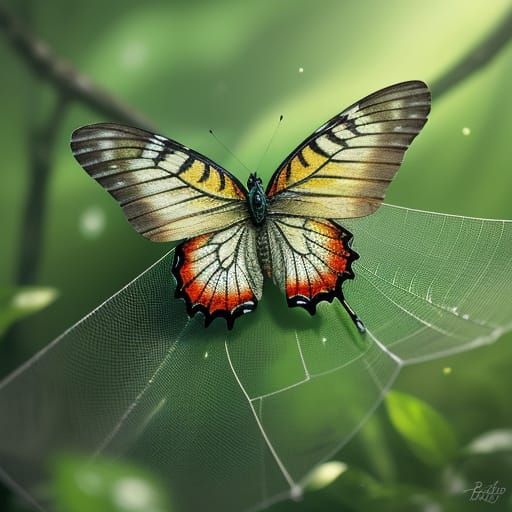 Delicate Butterfly on Sparkling Web in Autumn Forest