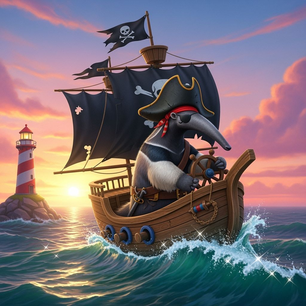 Playful Pirate Anteater Sailing at Sunset