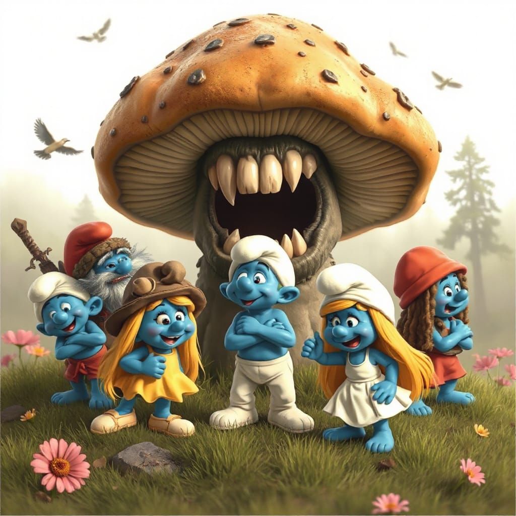 Smurfs in Psychedelic Mushroom Landscape