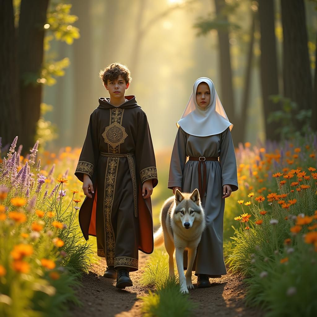 Saint Francis and Clare in Sunlit Woods