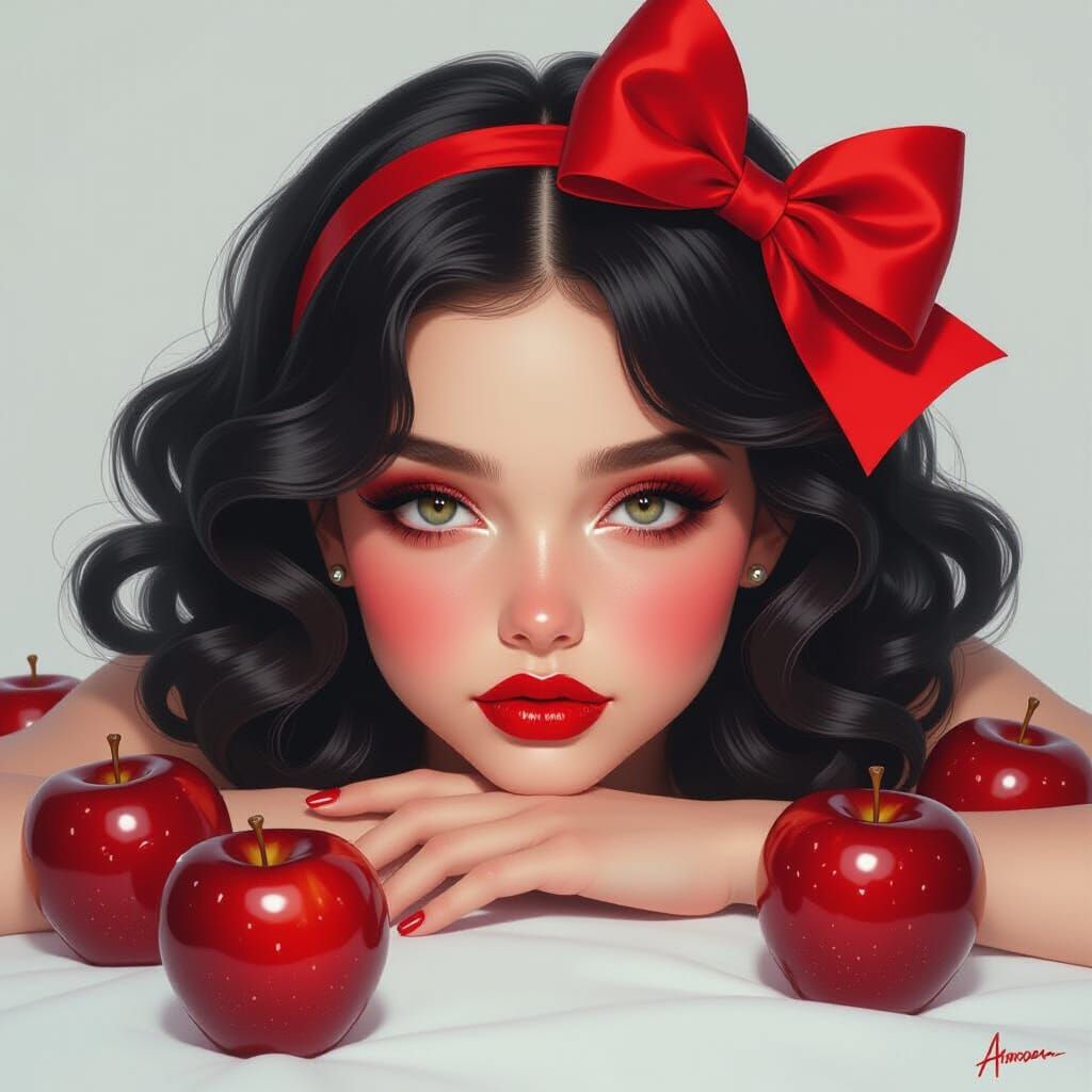 Dark Wavy Haired Girl With Red Makeup and Apples