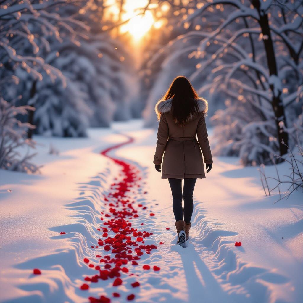 Woman Walking Through Snow and Rose Petals at Golden Hour
