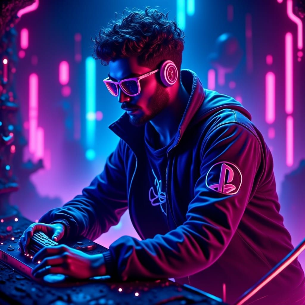 Gamer in Neon Cityscape, in Illustration Style