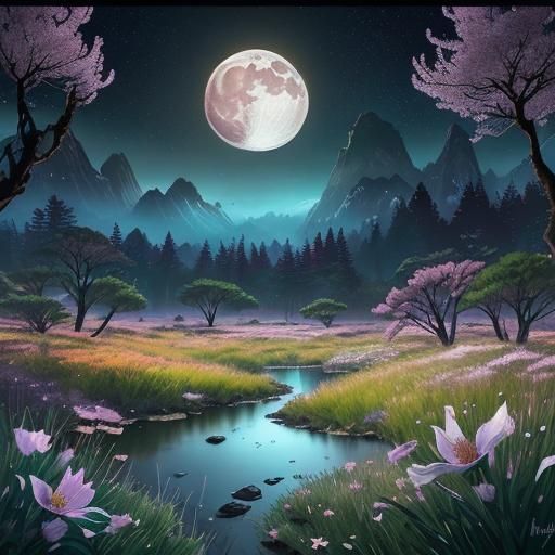 Moonlit Meadow: A Digital Watercolor Fantasy