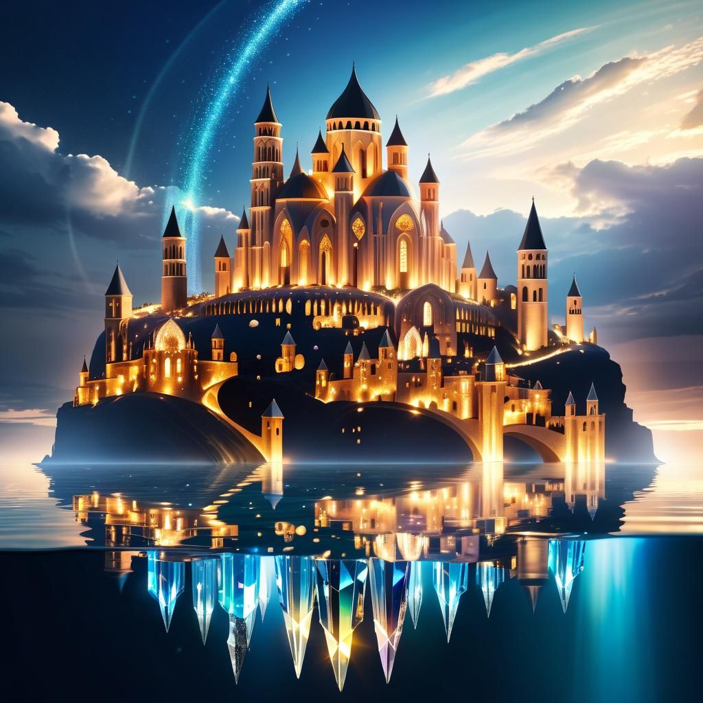 Magical Crystal City Suspended Above Tumultuous Sea