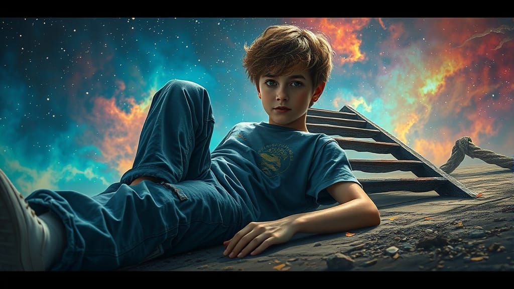 Stars Surround Youth Beside Twisted Ladder: Hyperrealistic A...