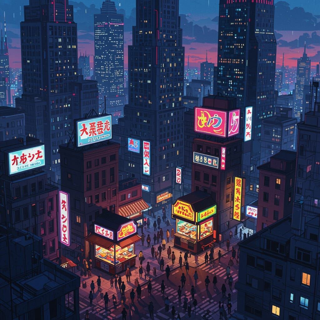 Isometric Cityscape at Dusk with Neon Lights