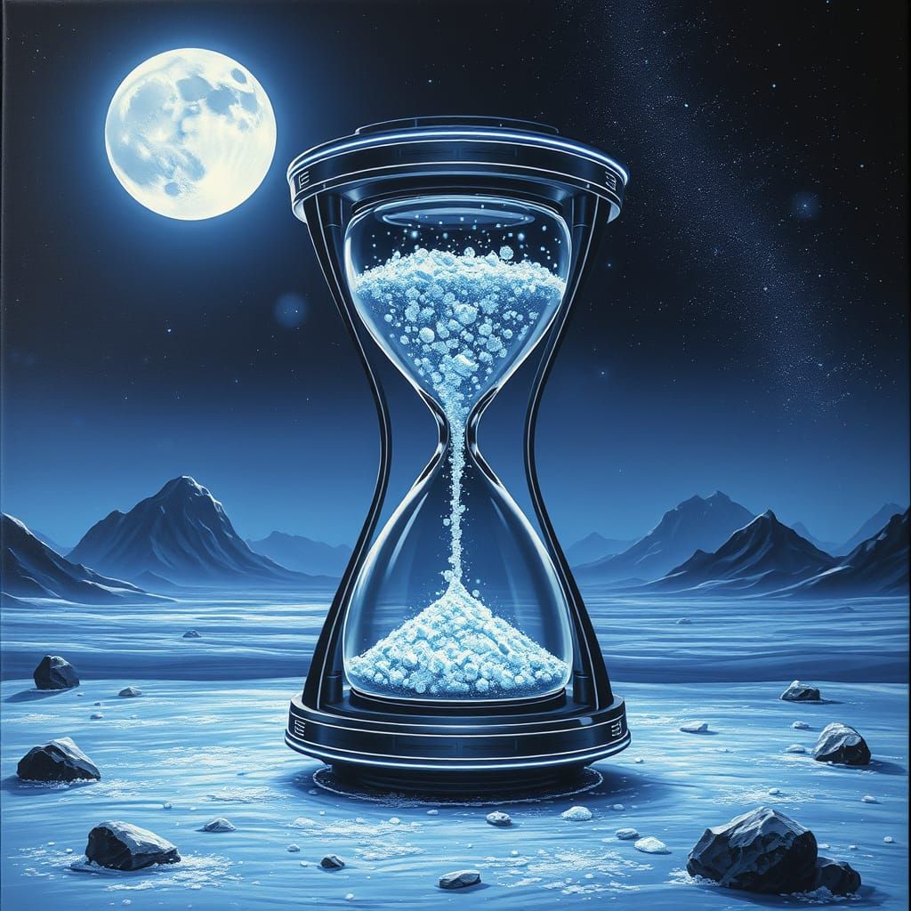 Futuristic Hourglass with Glowing Snowflakes on Alien Planet