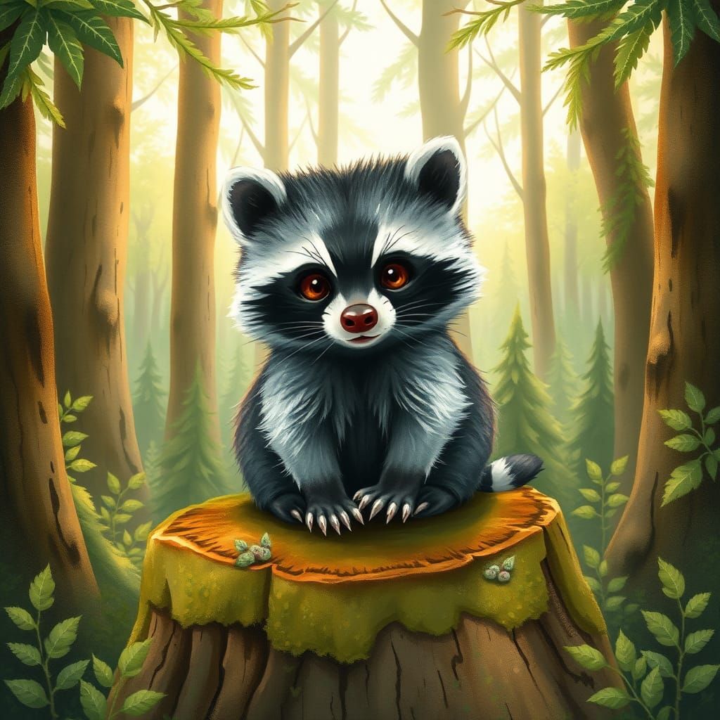 Whimsical Raccoon Kit Illustration in Watercolor Style