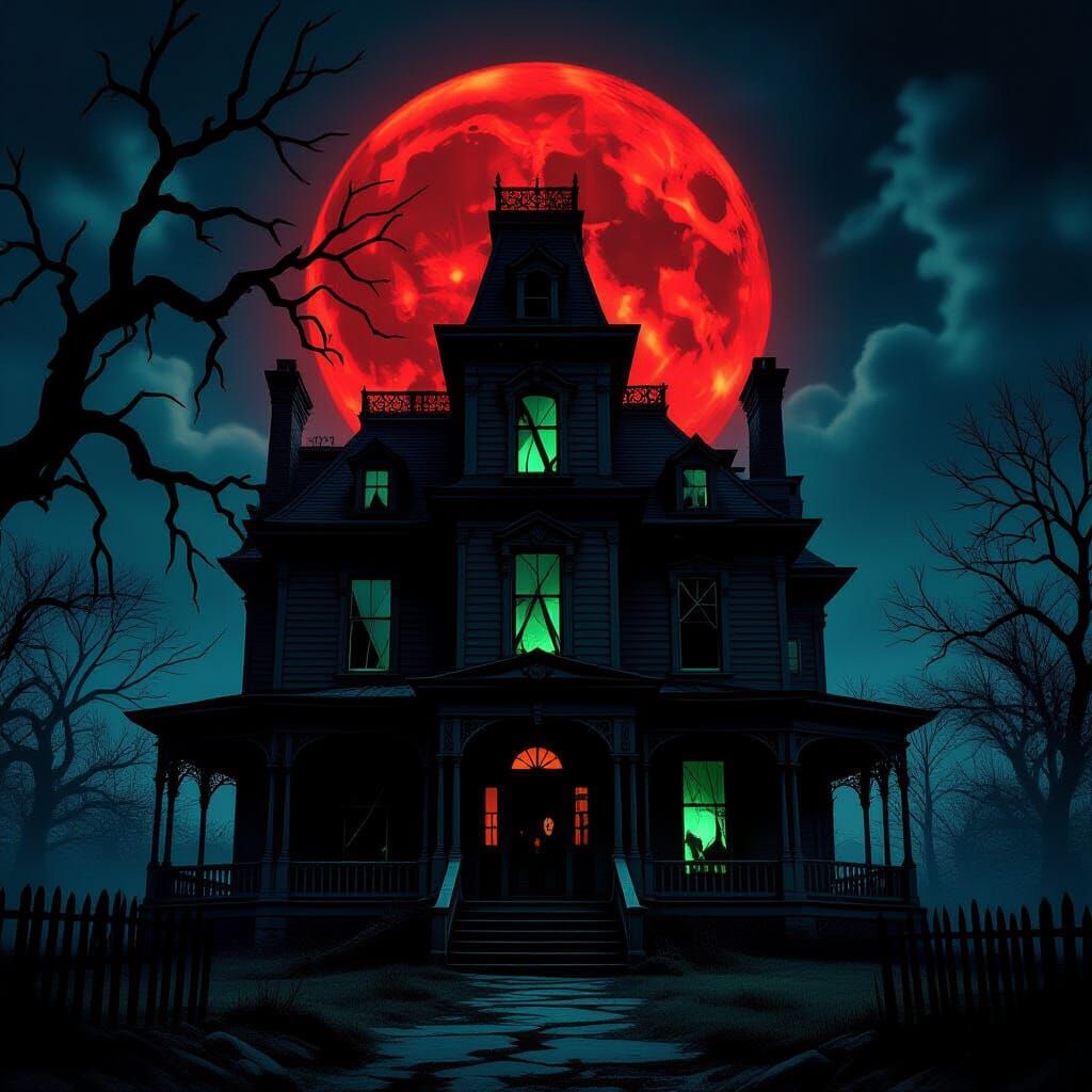 Creepy Victorian Mansion Under Blood Moon