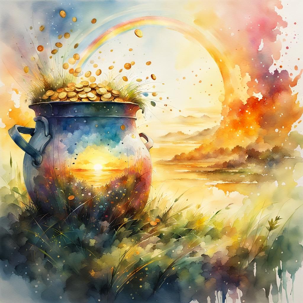 Pot of Gold with Rainbow: Watercolor Illustration