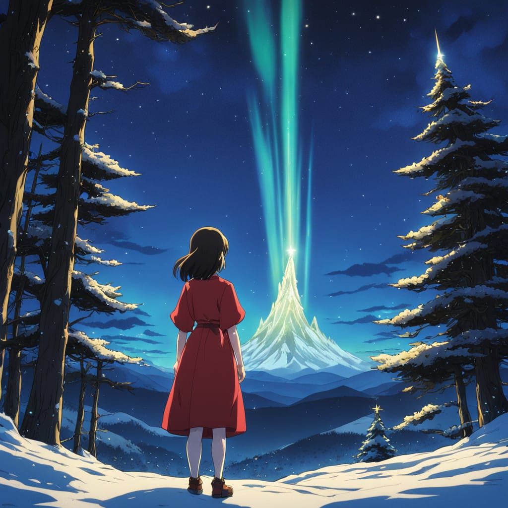 Starry Night Christmas Tree Scene in Vibrant Anime Style