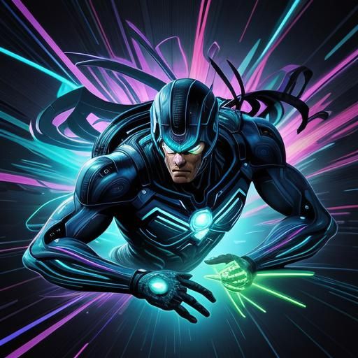 Superhero Flies Through Cyberpunk Code