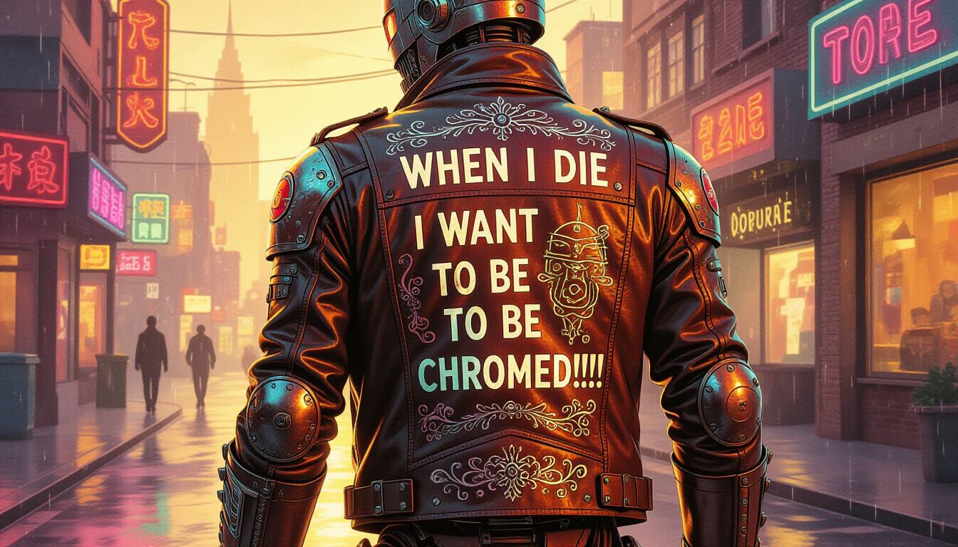 Retro-Futuristic Robot Biker in Watercolor Style