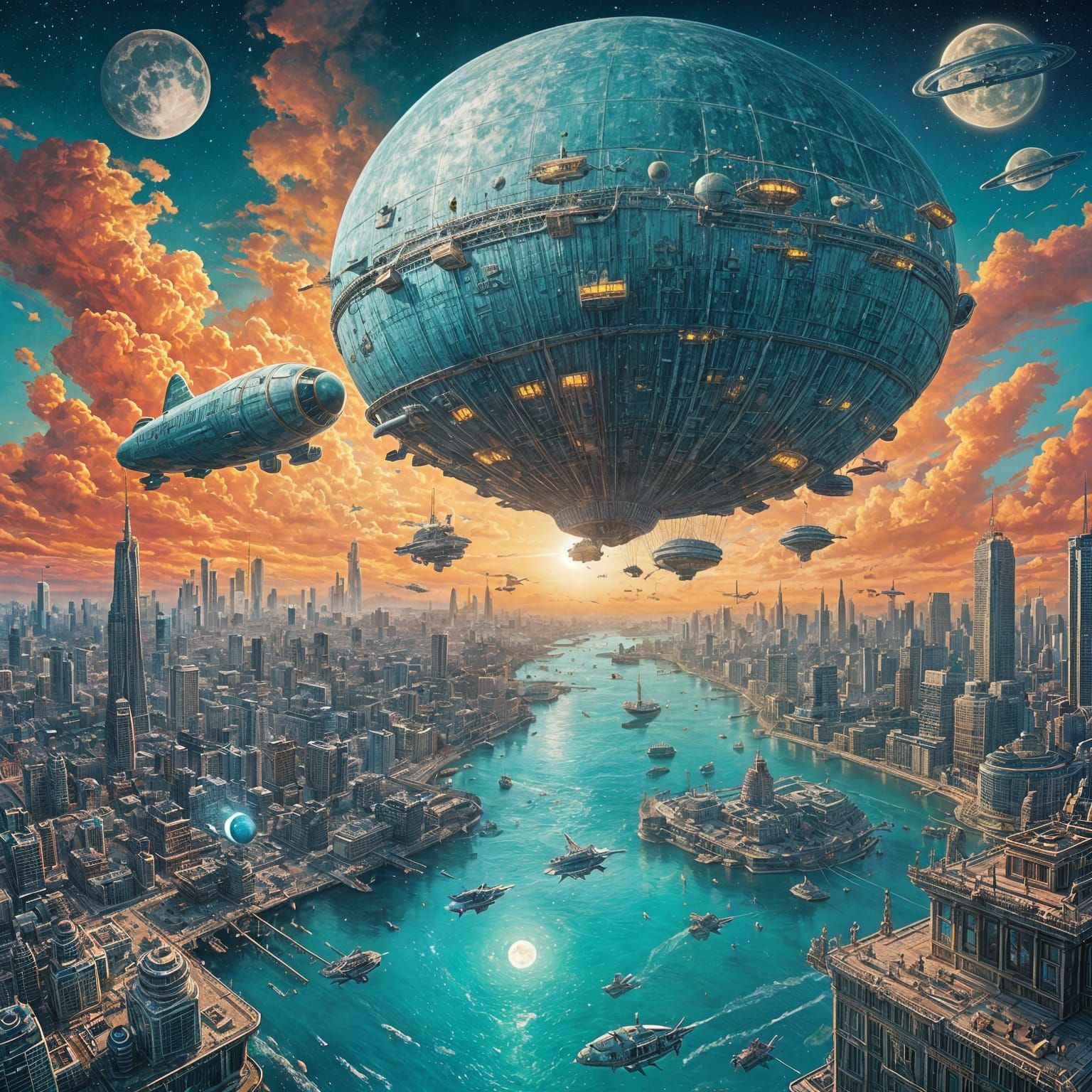 Retro-Futuristic Cityscape with Airships and Turquoise Sky