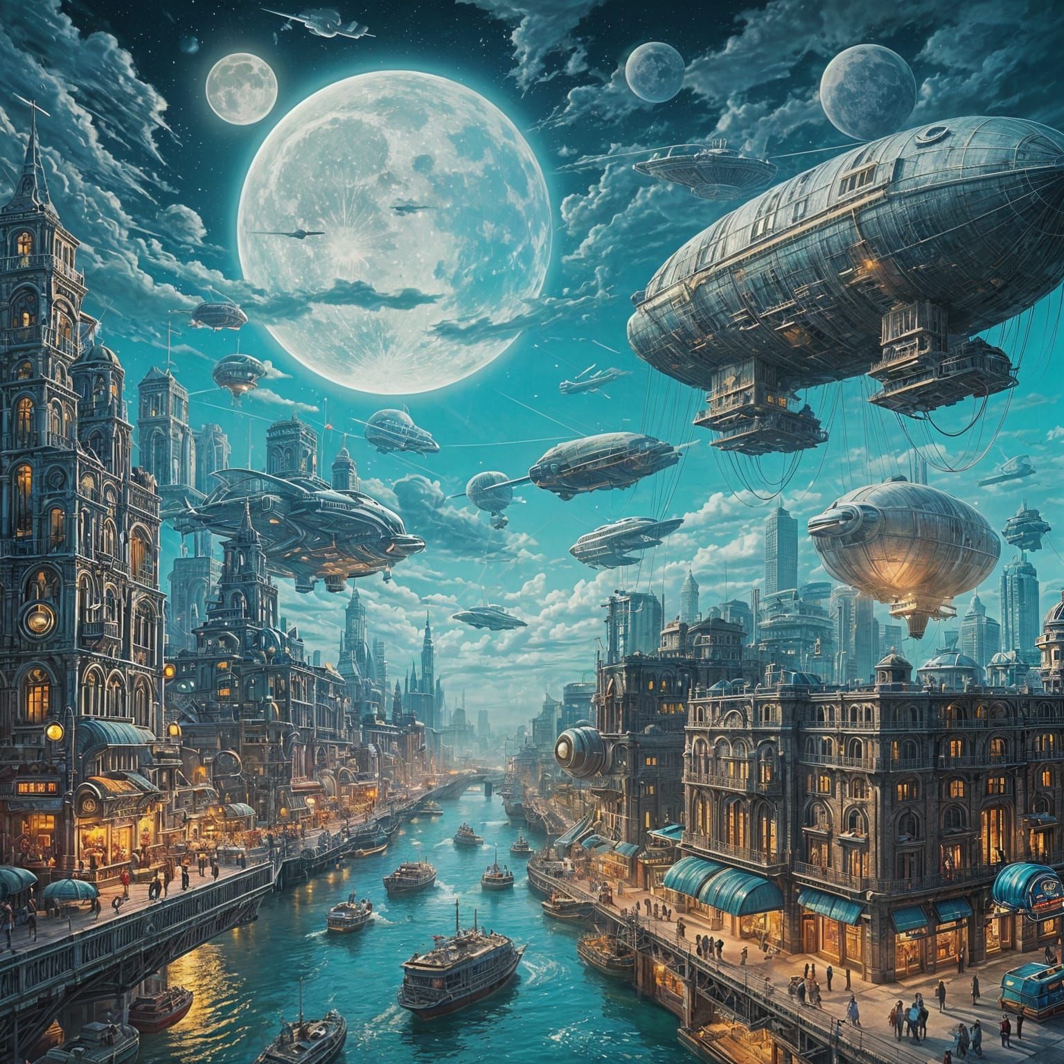 Retro-Futuristic Cityscape with Airships and Moon