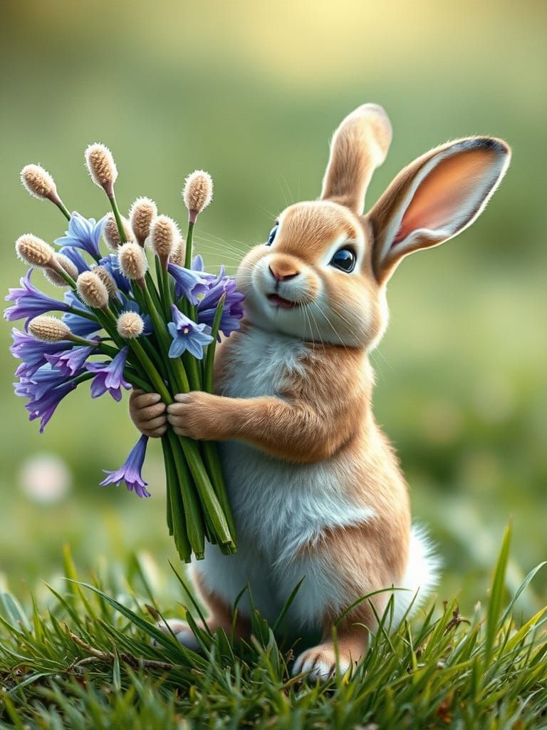 Whimsical Bunny Amidst Blooming Hyacinths in Muted Watercolo...