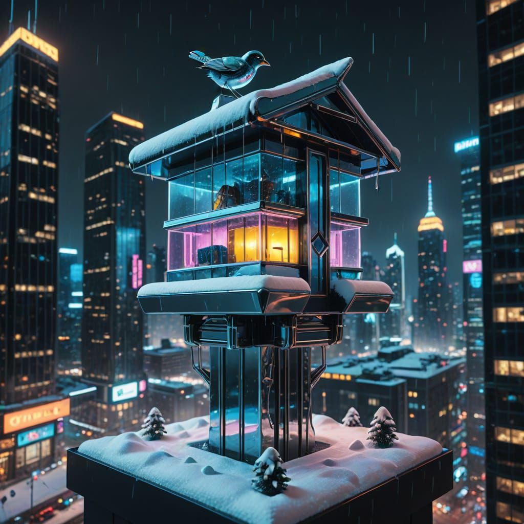 Cyberpunk Birdhouse on Skyscraper, Hyper-Realistic Photograp...