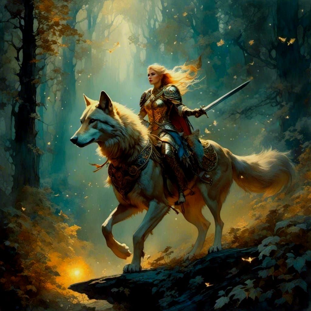 Elf Knight Riding a Wolf in Watercolor Style