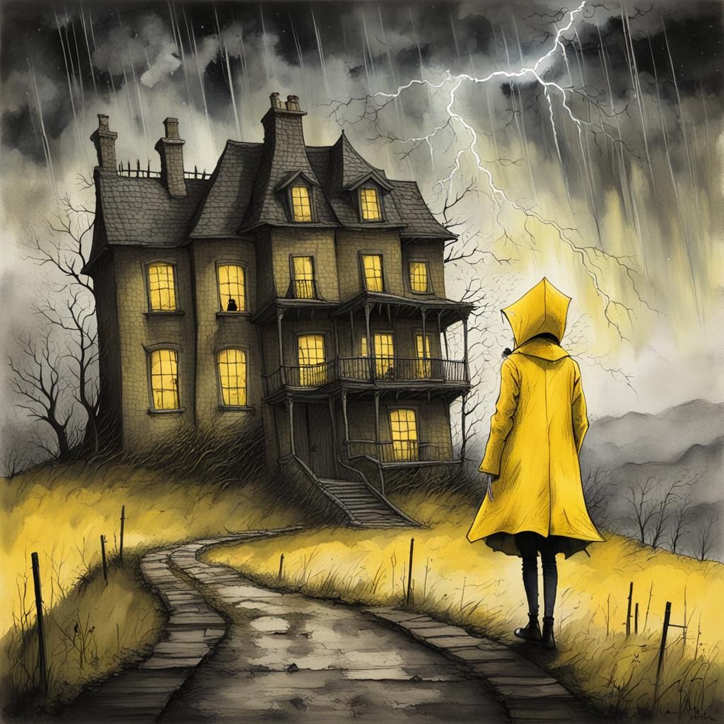 Whimsical Lightning Storm Illustration with Creepy House