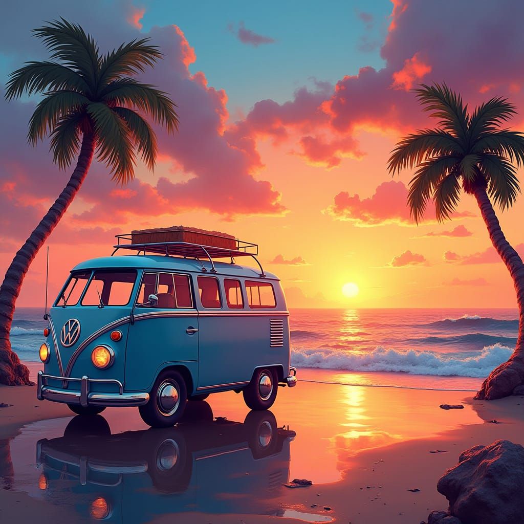 VW Bus on a Dreamy Beach at Sunset