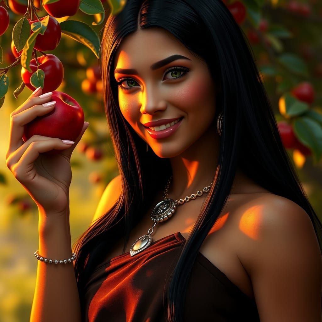 Pocahontas Picks Apple in Sunlit Orchard