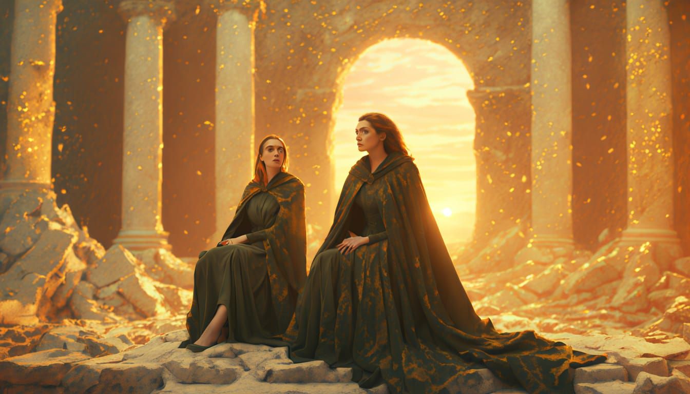 Woman on Ruined Throne in Cinematic Digital Painting