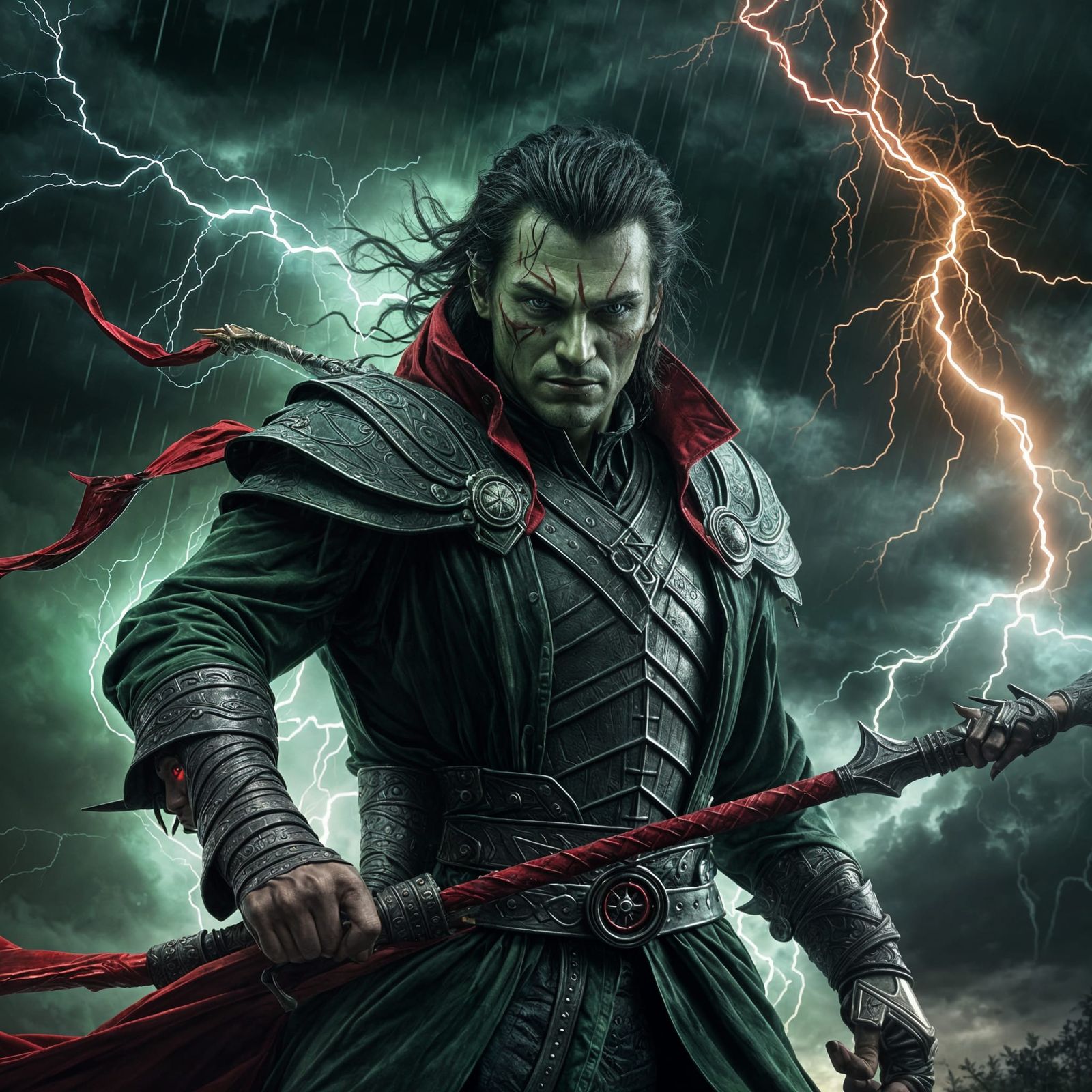 Fantasy Villain with Spear and Red Magic