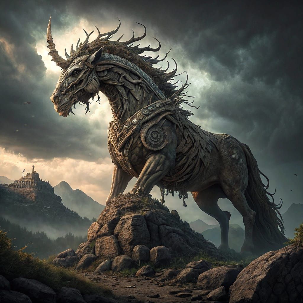 Decayed Kirin Statue in Dark Stormy Fantasy Landscape