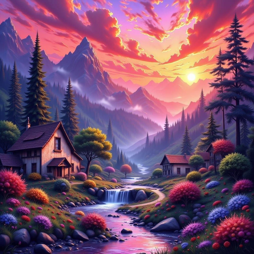 small village with a waterfall