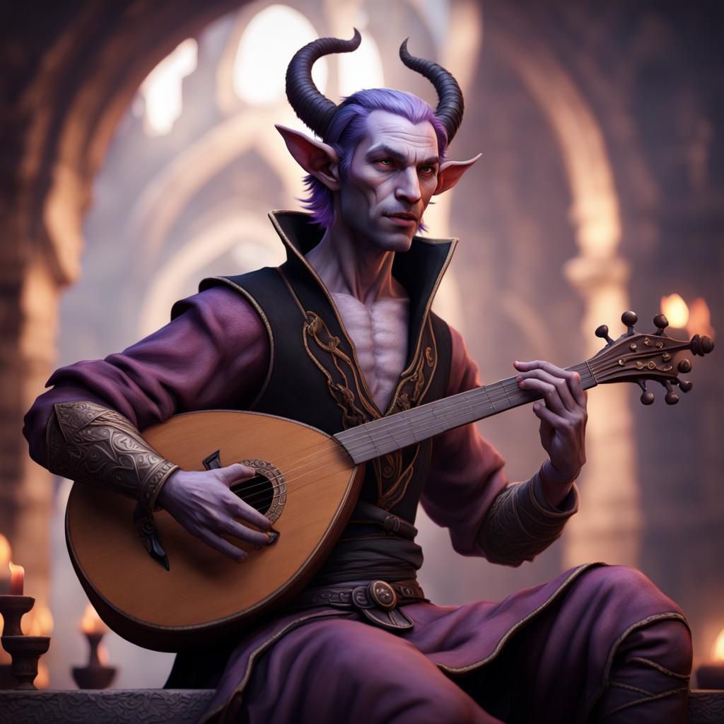 Tiefling Bard Playing Lute: Detailed Fantasy Art