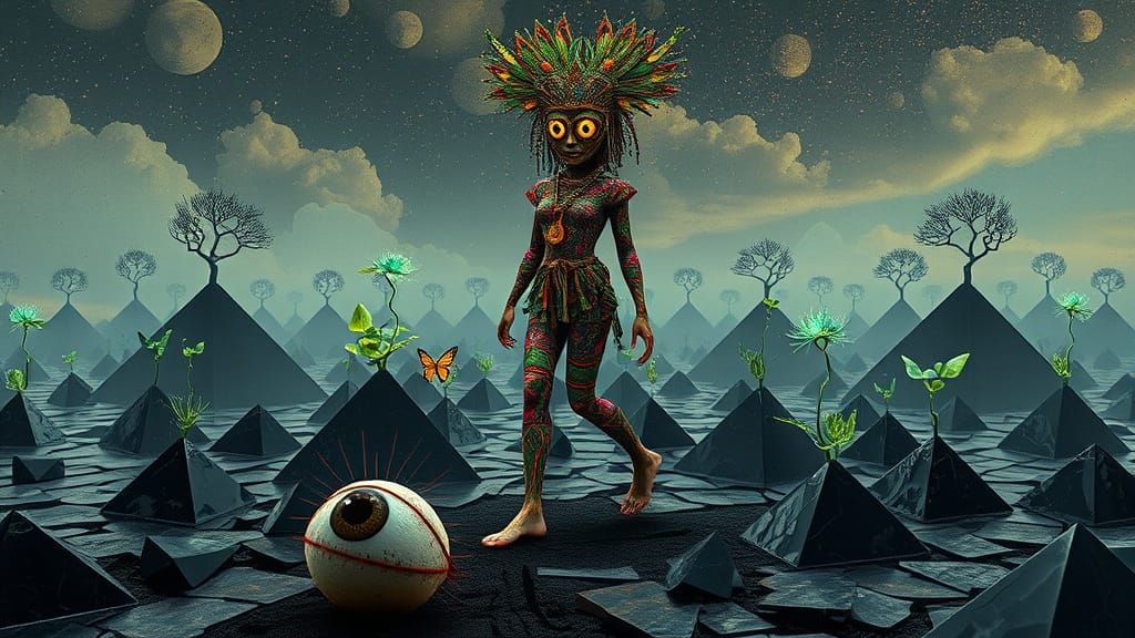 Vibrant Tribal Goddess in Dreamlike Landscape with Surreal D...