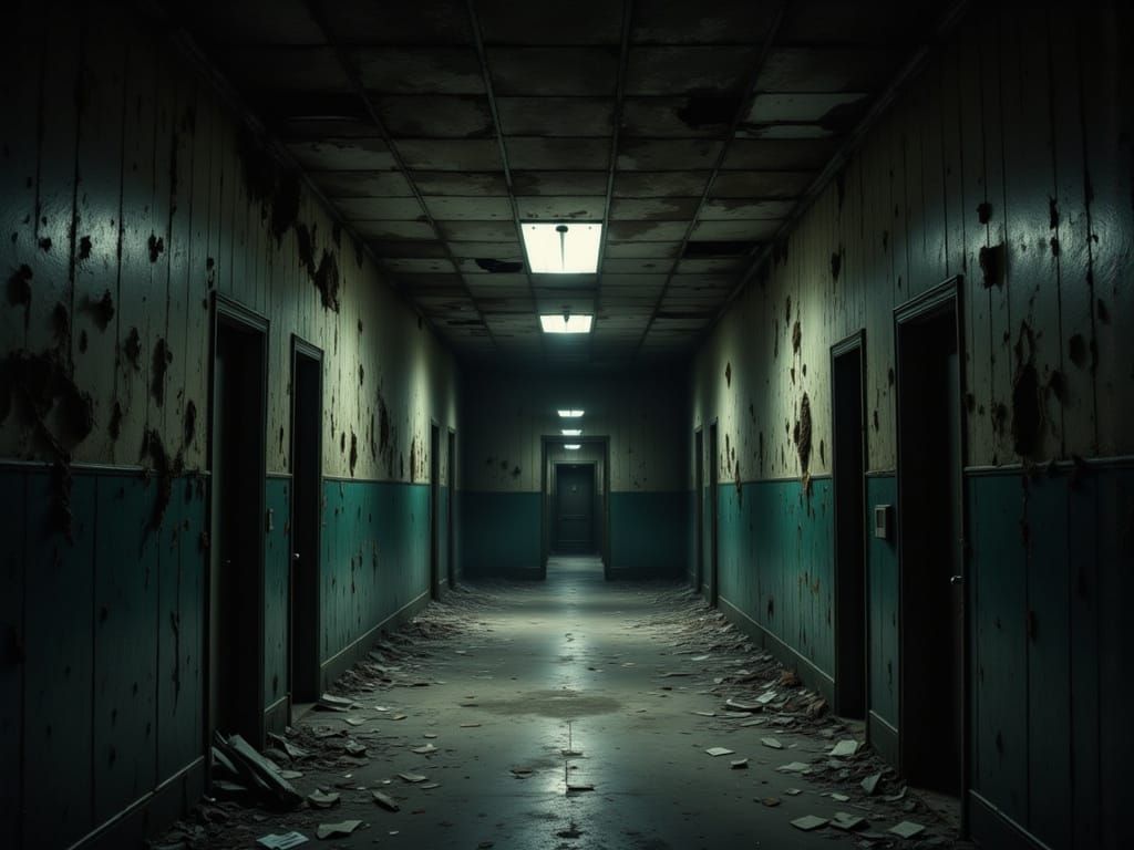 Creepy Asylum Interior with Flickering Lights