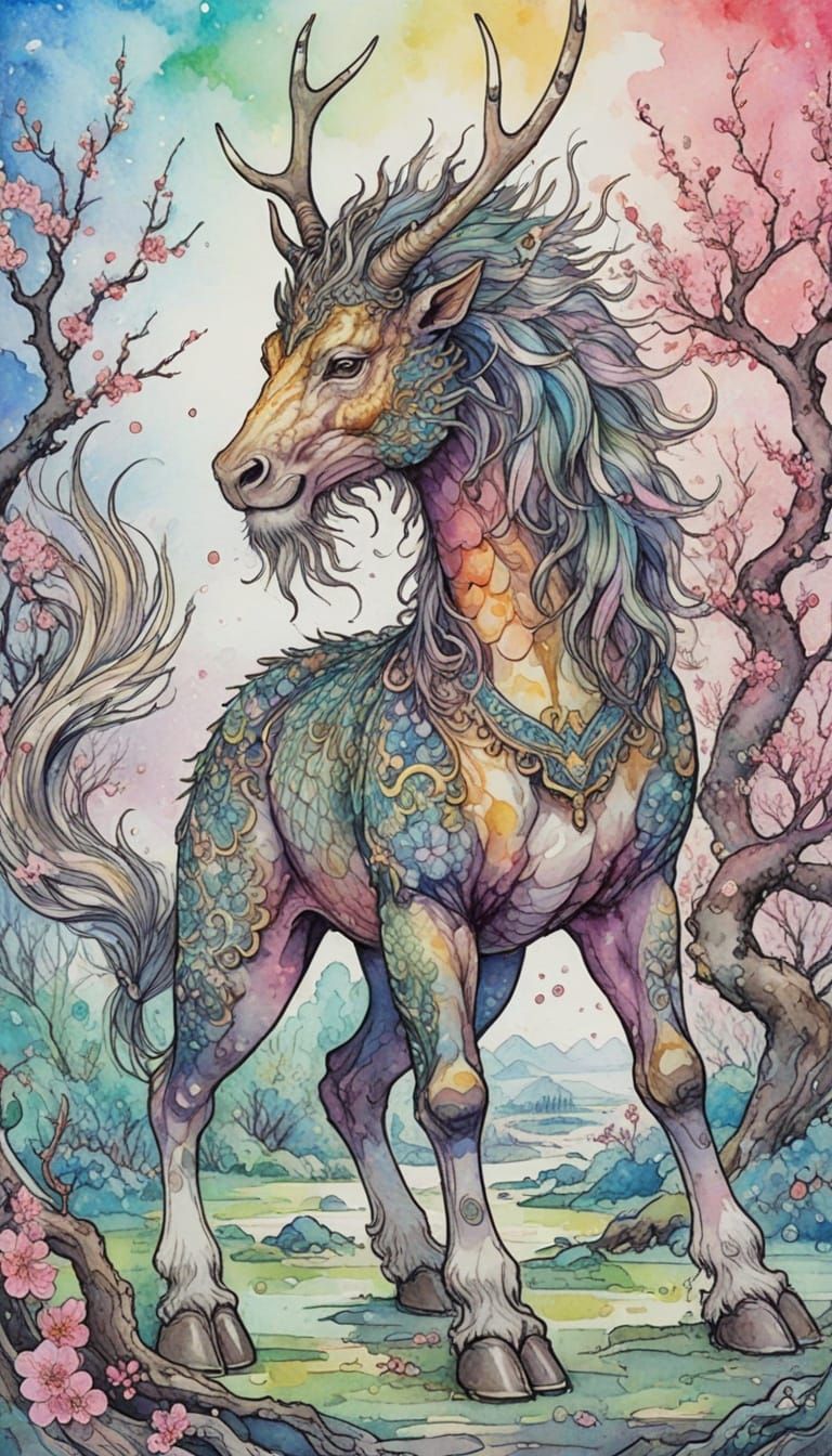 Majestic Kirin in Blooming Orchard: Watercolor Fantasy Art