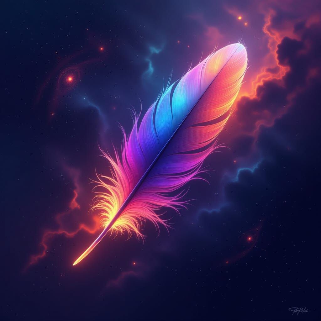 Iridescent Phoenix Feather in Cosmic Nebula