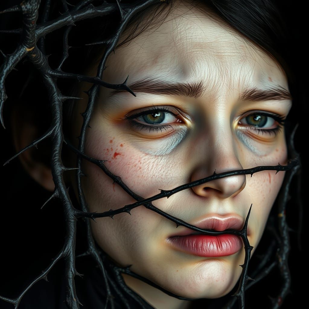 Woman's Face Constricted by Thorns in Gothic Realism