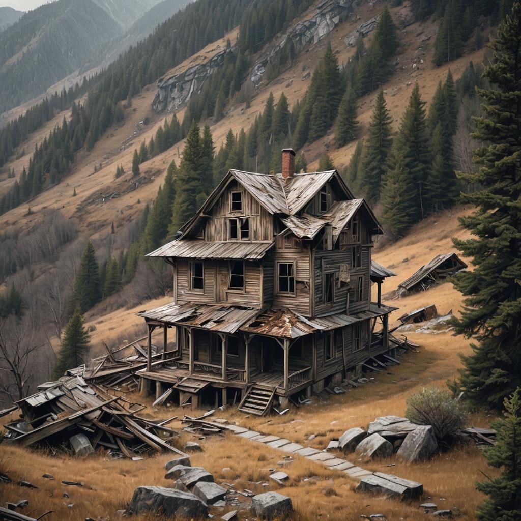 Sinister Abandoned Mountain House, Golden Age Illustration