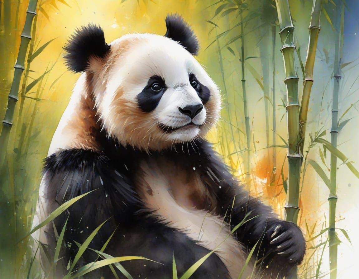 Panda in Bamboo Grove, Watercolor Style