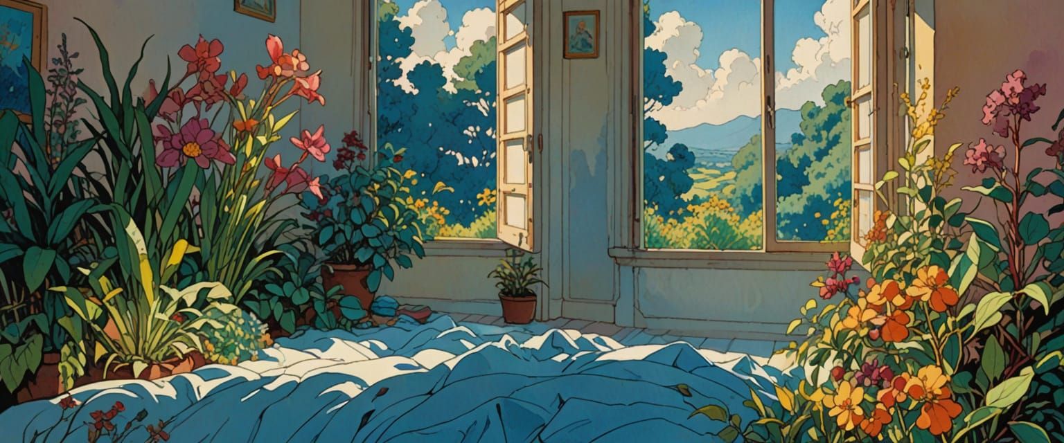 Watercolor Sky Garden in Comic Book Style