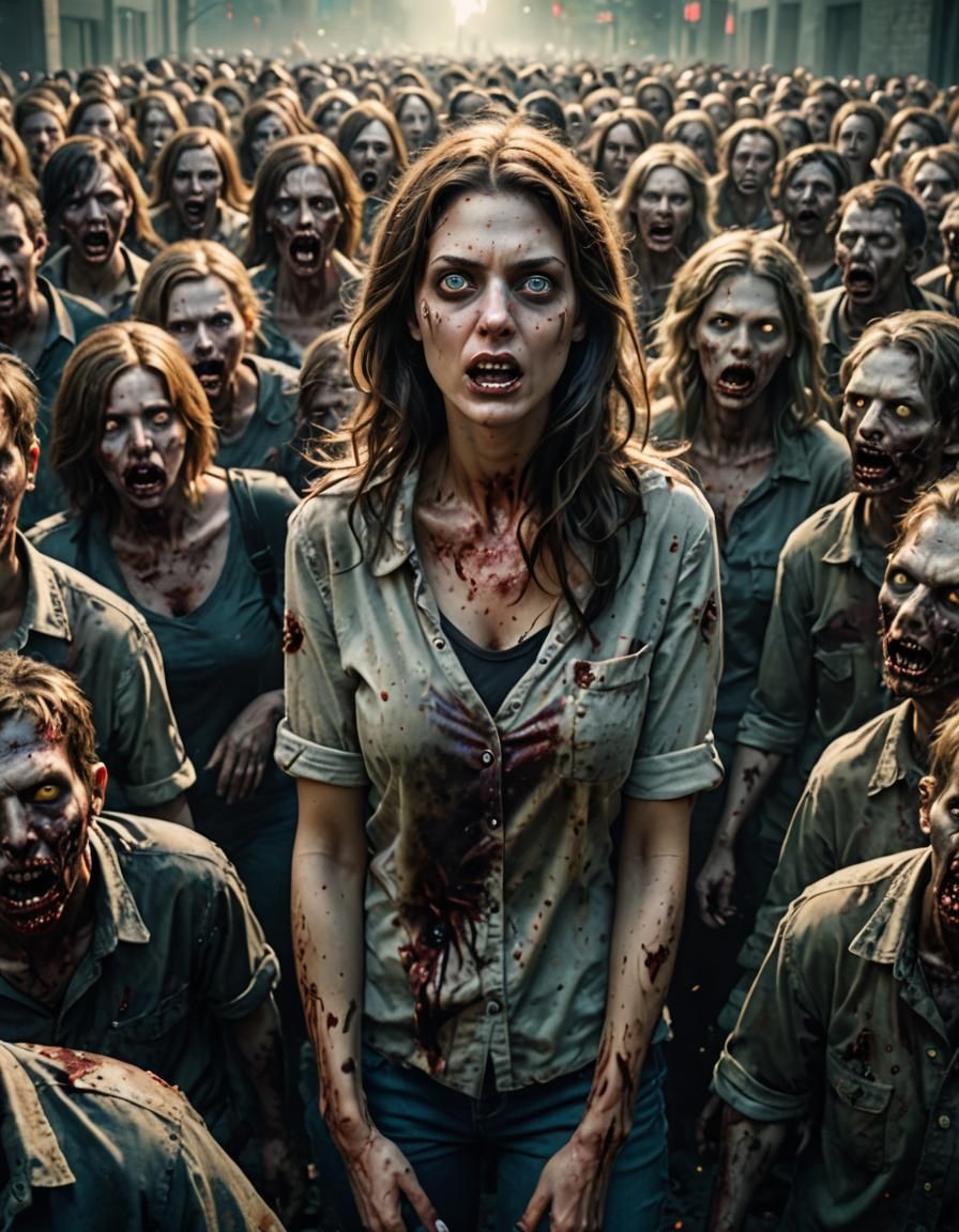 Woman's Horror: Zombie Crowd in Vibrant Light