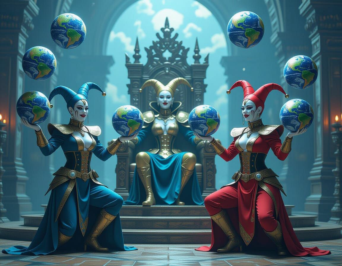 Cyberpunk Jesters Juggling Earth-Globes