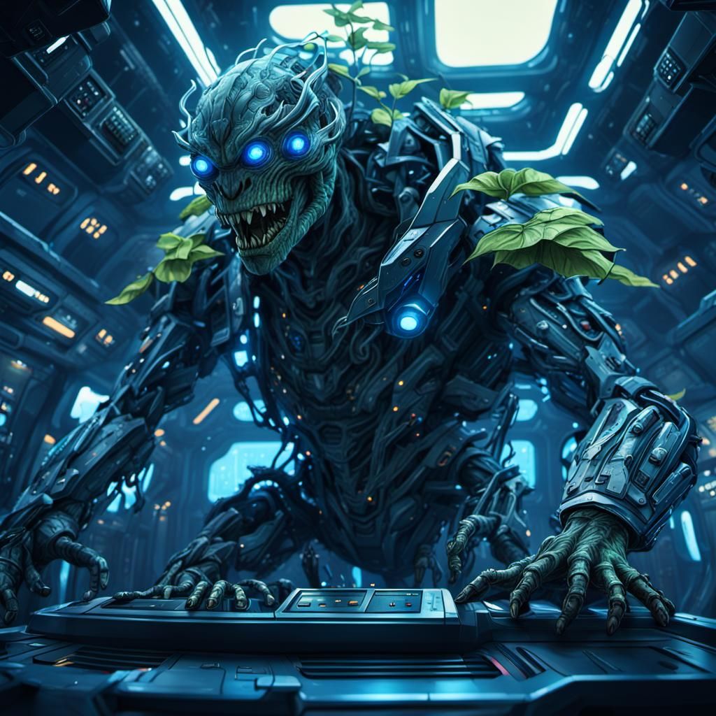 Plant Monster Piloting Spaceship in Cyberpunk Style