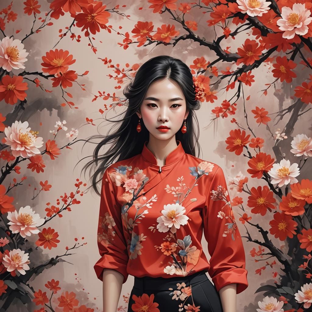 Chinese Woman in Red Blouse with Floral Accents